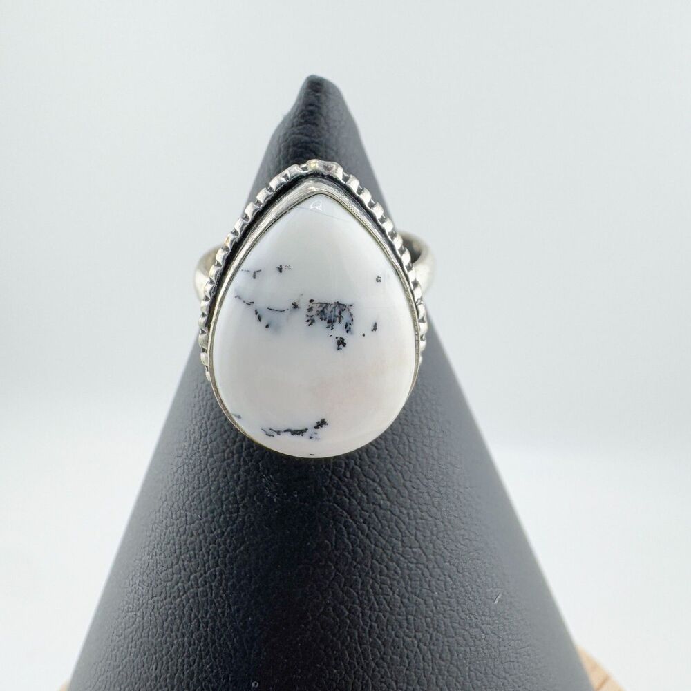 Southwestern White Stone Black Matrix Teardrop Ring Silver Tone Boho Southwester - Picture 6 of 8